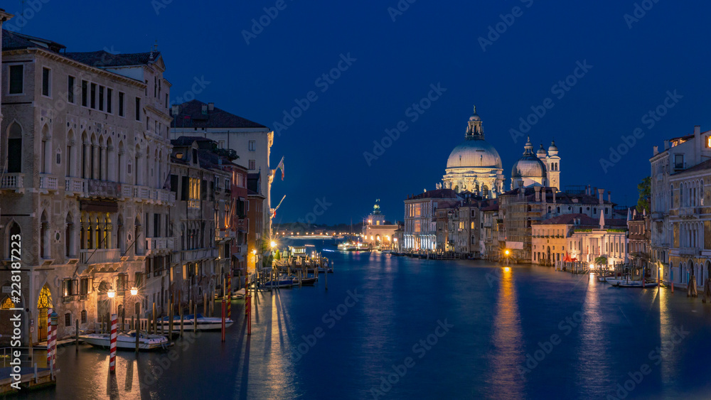 Grand Canal and Santa Maria della Salute in Venice, Italy at night