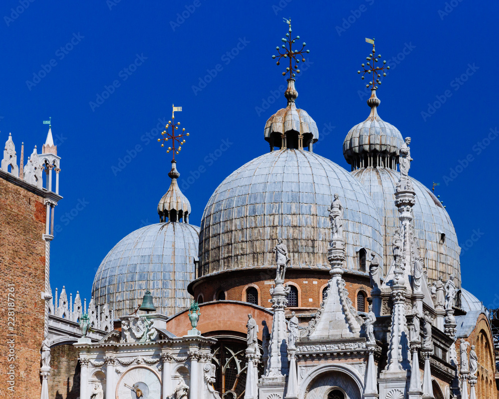 Details of the Doge's Palace and the dome of the St. Mark's Basilica, in Venice, Italy