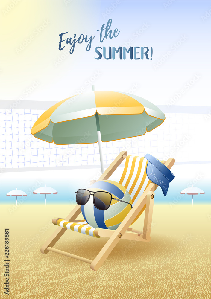 Enjoy the Summer! Sports card. Beach Volleyball ball with sunglasses