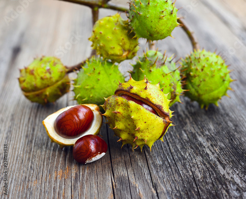 Chestnuts on old wooden background