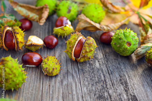 Chestnuts with dry leaves on old wooden background