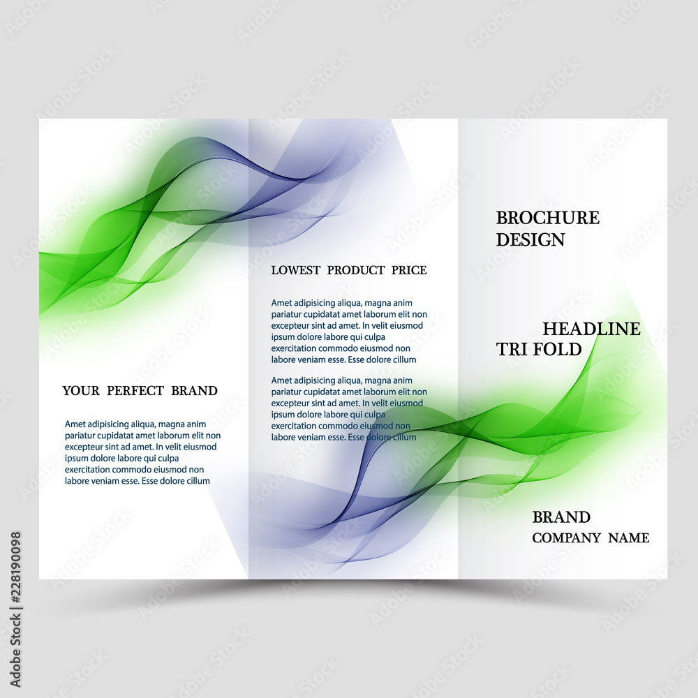 Fototapeta premium Abstract three fold brochure template, flyer design layout with eco green and blue polygonal background.