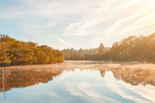 Autumn misty morning. Autumn dawn scene. Alden trees on foggy riverbank. Misty autumn stream photo