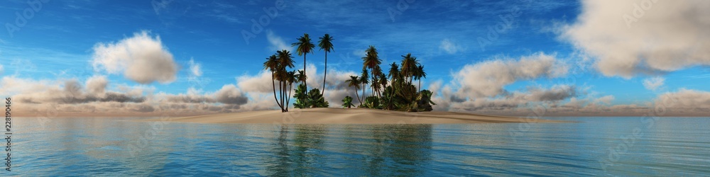 Tropical island in the ocean, sea view panorama with palm trees
