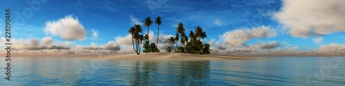 Tropical island in the ocean, sea view panorama with palm trees 