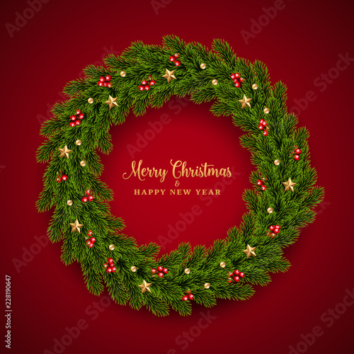 Christmas fir wreath background, realistic look, with berries, star and pearl decorations