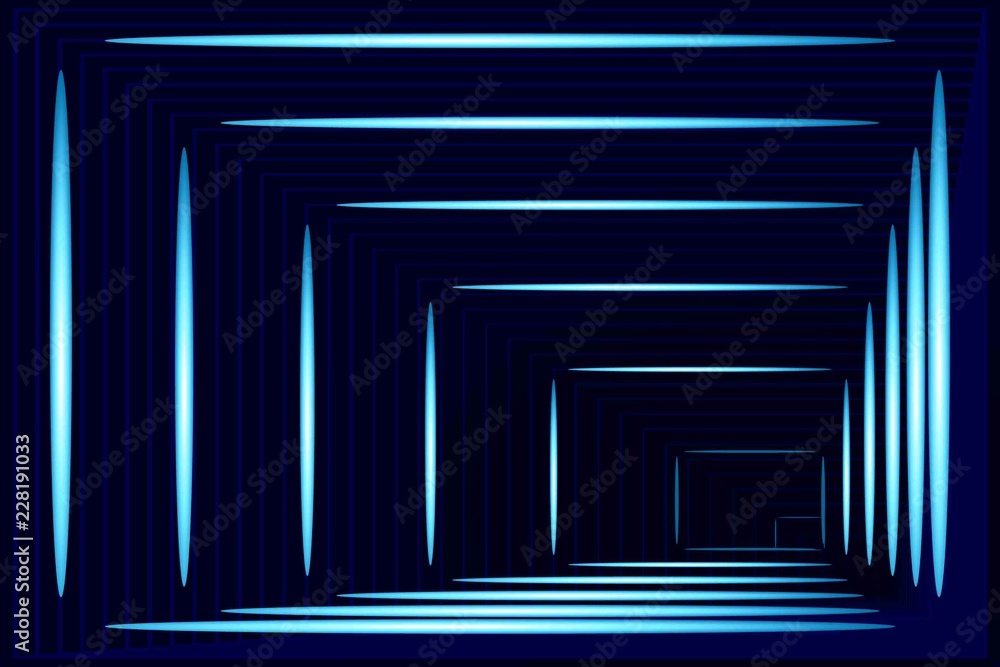 Fototapeta premium Abstract Dark Blue Pattern with Lighting and Squares. Bright Tunnel to Nowhere. Raster. 3D Illustration