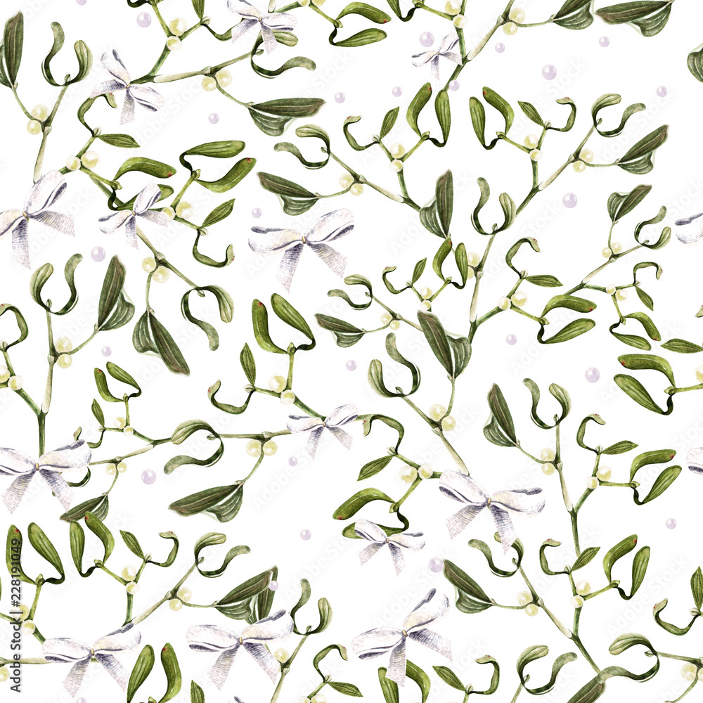 Watercolor Christmas pattern with mistletoe. Watercolor Christmas pattern with mistletoe.