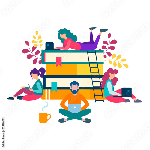 Young people around a stack of books are getting online education