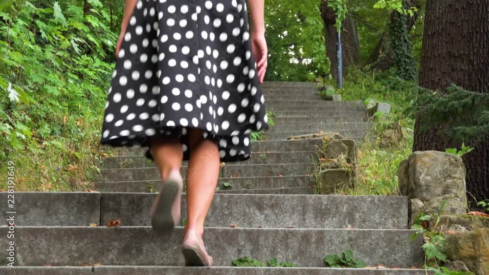 A woman in a retro dress walks up a stony staircase in a forest - view from behind A woman in a retro dress walks up a stony staircase in a forest - view from behind