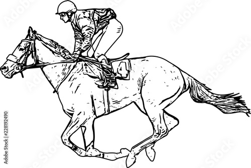 jockey riding race horse drawing - vector