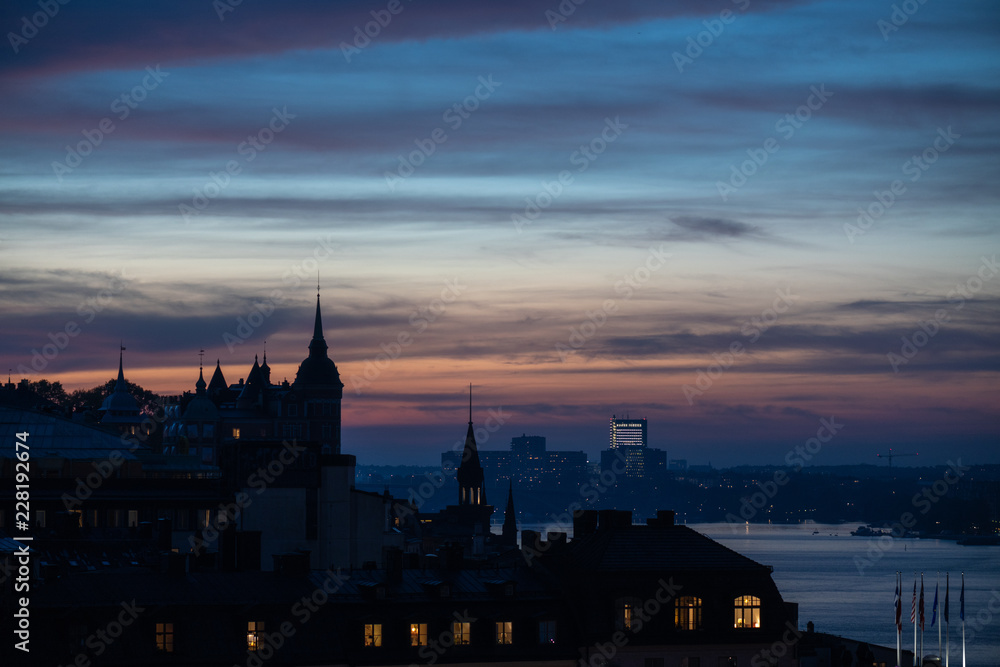 panoramic night view of stockholm at sunset