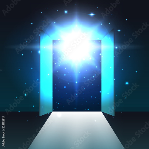 Light from the open double door of a dark room  abstract mystical glowing exit  background  open door template  mock up