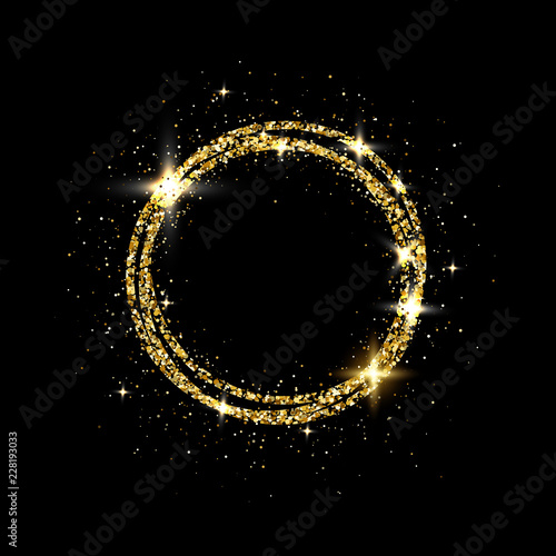 Glitter gold circle frame with space for text. Sparkling golden frame on black background. Bright glittering star dust. Festive border. Vector illustration