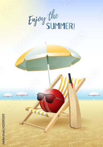 Enjoy the Summer! Sports card. Cricket ball with sunglasses, beach umbrella, deck chair and wooden bat on the sand beach. Vector illustration.