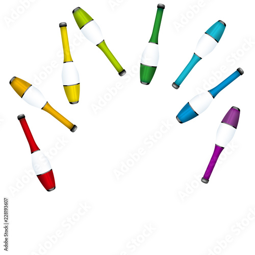 Throwing up juggling clubs, insert any person. Colored set for acrobats to juggle a highly concentrated performance. Isolated 3d vector illustration on white background.

