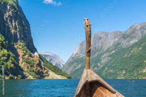 Viking ship in the waters of Aurlandsfjord fjord in Norway
