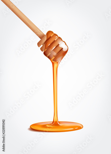 Honey flowing, dripping from wooden dipper stick.