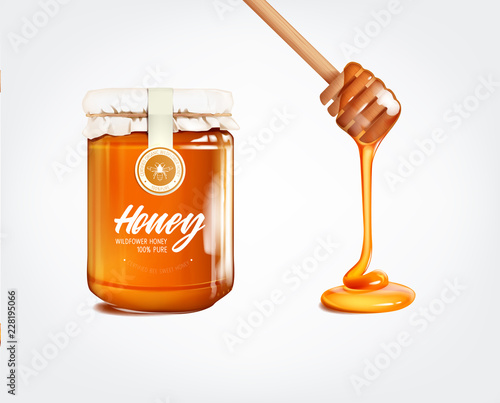 Honey jar and honey flowing, dripping from wooden dipper stick. Honey falling set.