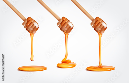 Honey flowing, dripping from wooden dipper stick. Honey falling set.