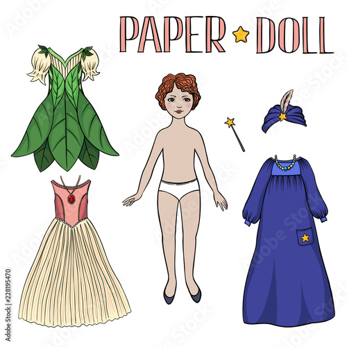 Hand drawn vector paper doll with a set of dresses ready to print and cut out