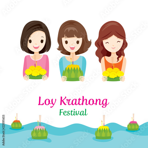 Loy Krathong Festival with Girls, Celebration and Culture of Thailand, Asia, Feast, Season, Religion