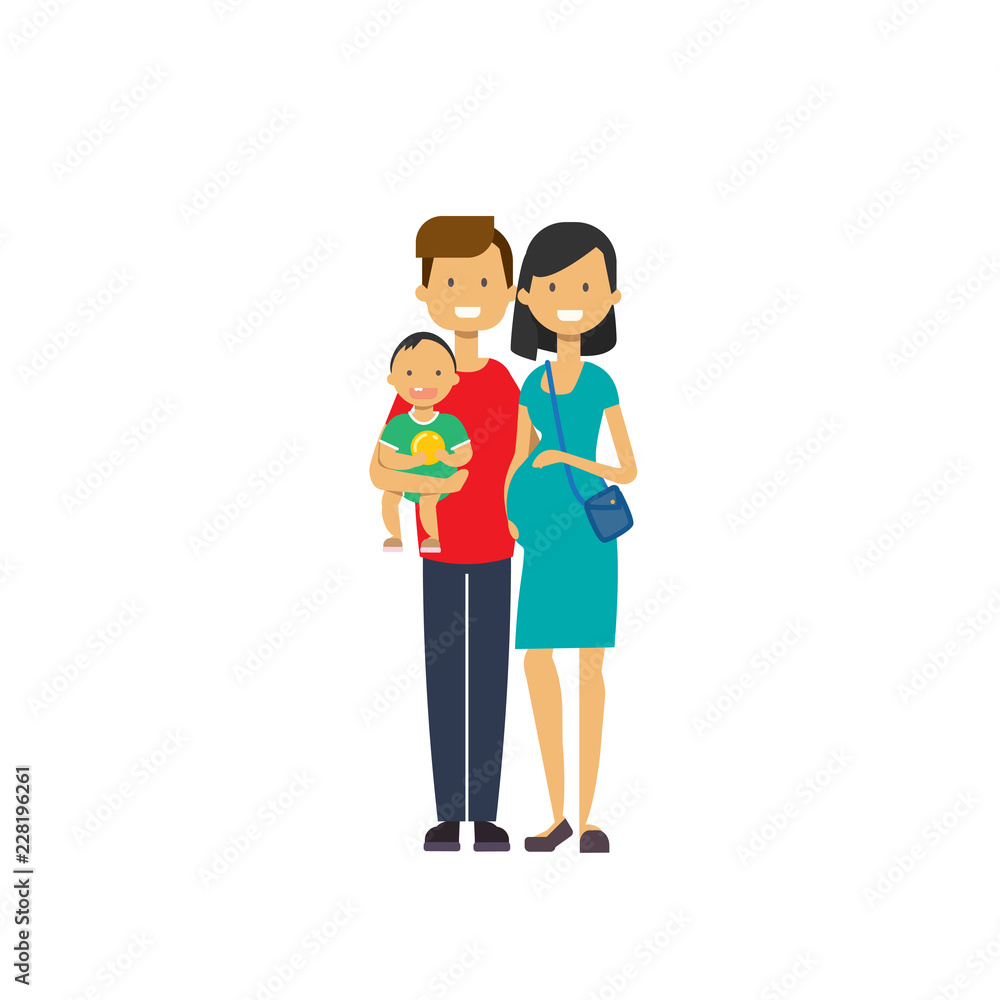 pregnant mother father hold baby son full length avatar on white background, successful family concept, flat cartoon vector illustration