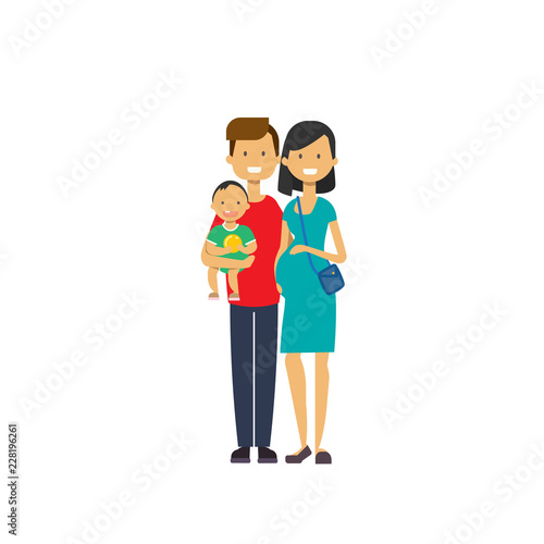 pregnant mother father hold baby son full length avatar on white background, successful family concept, flat cartoon vector illustration