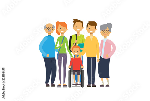 grandparents parents children grandchildren wheelchair , multi generation family, full length avatar on white background, happy family together concept, tree of genus flat cartoon vector illustration