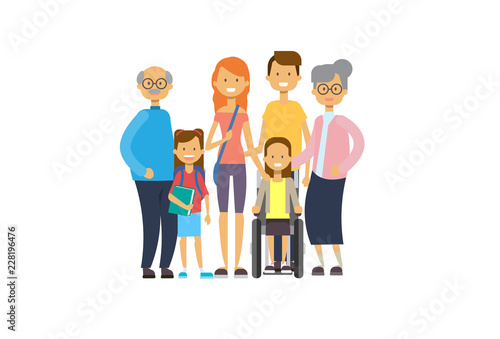 grandparents parents children girl wheelchair , multi generation family, full length avatar on white background, happy family together concept, tree of genus flat cartoon vector illustration