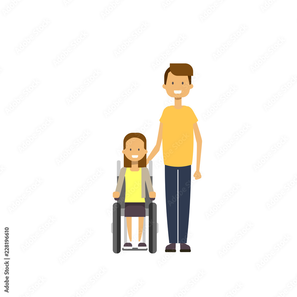 father daughter wheelchair full length avatar on white background, successful family concept, flat cartoon vector illustration father daughter wheelchair full length avatar on white background, successful family concept, flat cartoon vector illustration