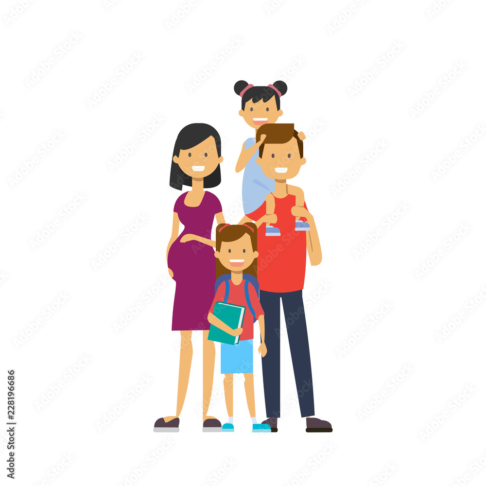 pregnant mother father hold baby daughter full length avatar on white background, successful family concept, flat cartoon vector illustration