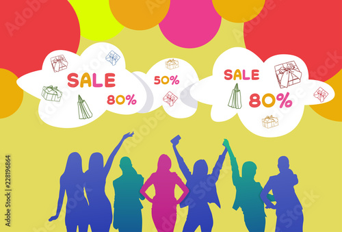 colourful people silhouette, group of diversity woman, season sale concept bubbles yellow background horizontal vector illustration