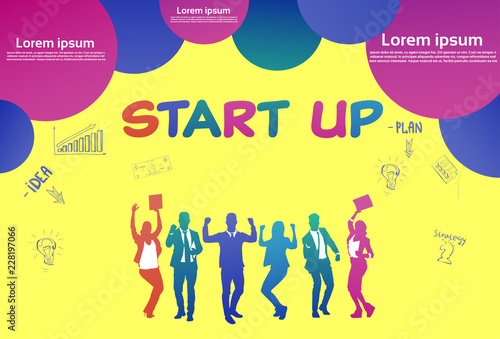 colourful business people silhouette  group of diversity businessman hands up  successful start up concept bubbles yellow background full length copy space horizontal vector illustration