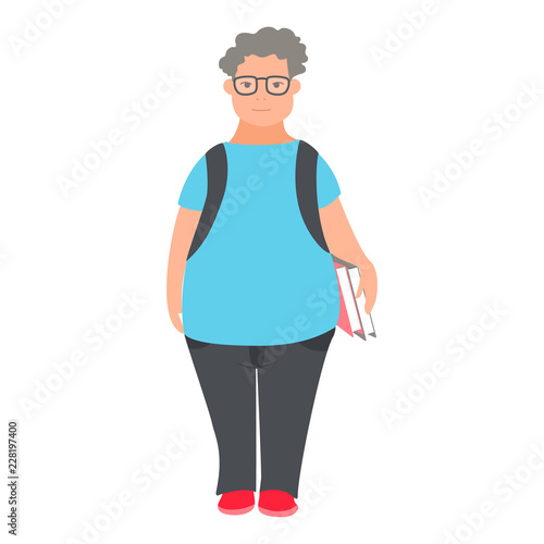 Young man nerd. Student geek character holds books. Flat illustration of fat curly cartoon character.