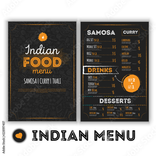 Indian Food menu template with grunge doodles in hand drawn style. Oriental culture restaurant illustration