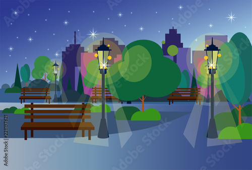 Urban night park wooden bench street lamp green lawn trees on city buildings template background flat vector illustration
