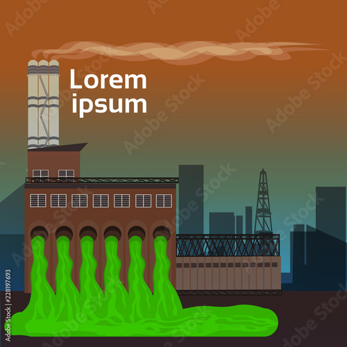 Nature pollution plant pipe dirty toxic emissions waste air and water polluted environment flat copy space vector illustration.