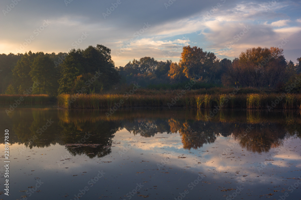 Pond at autumn in Falenty near Raszyn, Masovia, Poland