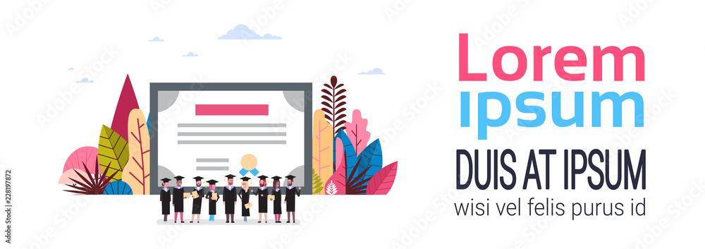 university graduates students group stay together hand hold diploma , success study concept over certificate background flat banner copy space vector illustration