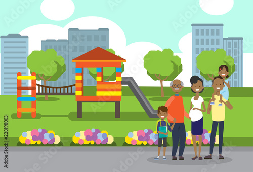 african family multi generation concept over city park playground children green lawn trees template background flat banner vector illustration