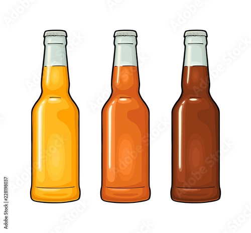 Close bottle with three types beer. Vector color illustration.