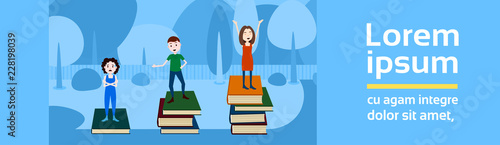 girl man character on podium books stack looser winner success concept template for design work and animation on blue background full length copy space banner flat vector illustration