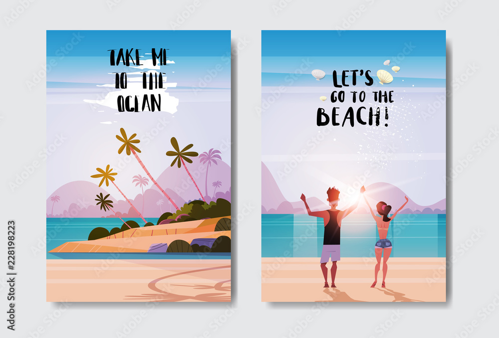 set man woman couple holding hands looking sunrise rear view summer vacation tropical beach badge Design Label lettering for logo Templates invitation greeting card prints and posters vector