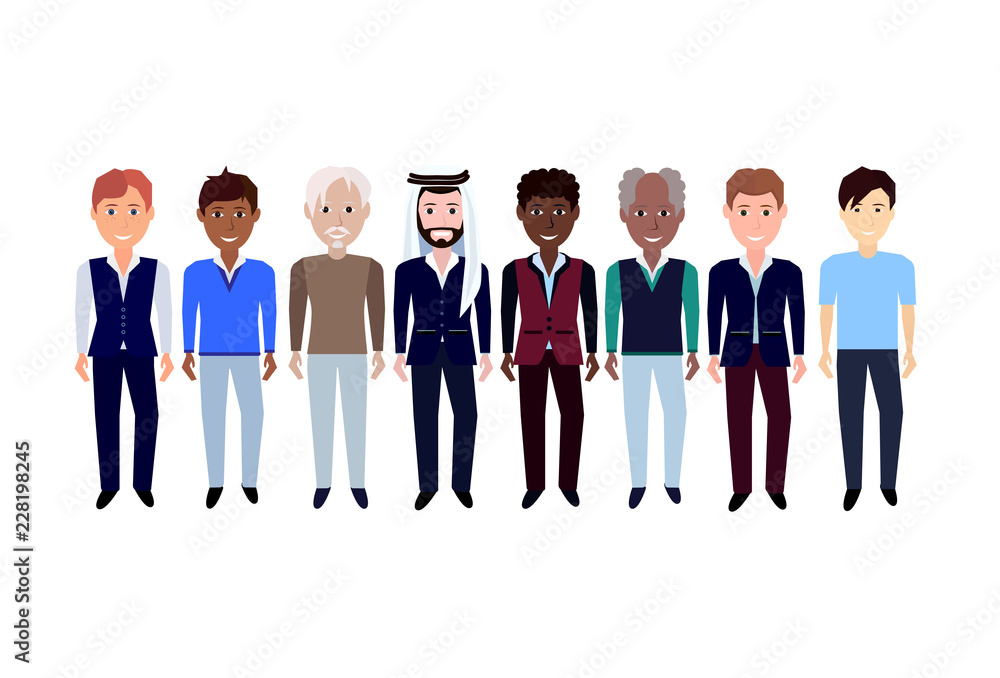elderly mix race man group character male template for design animation on white background full length flat vector illustration