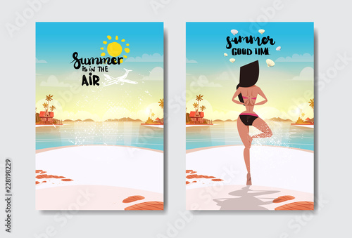 set sexy woman doing yoga exercises beach booty bare ass bikini rear view summer vacation badge Design Label lettering for logo Templates invitation greeting card prints and posters vector