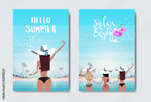 set sexy woman holding hands up relax sunny beach rear view booty bare ass bikini summer vacation badge Design Label lettering for logo Templates invitation greeting card prints and posters vector