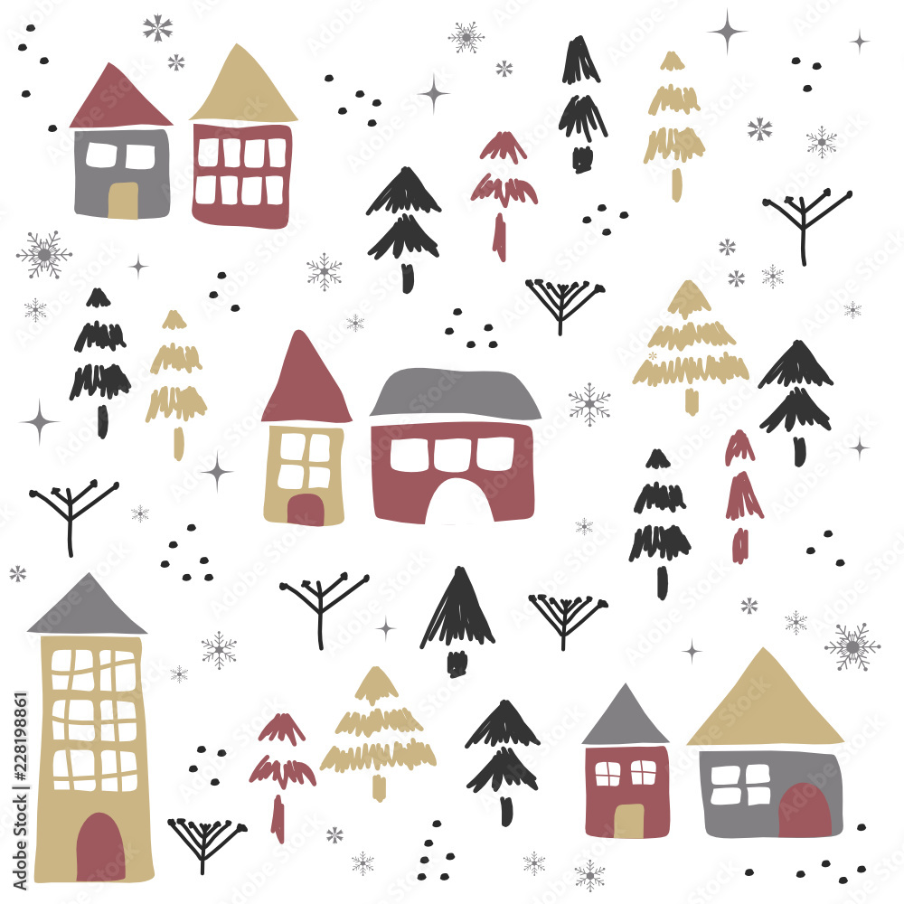 Christmas pattern with houses and trees