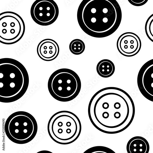 Seamless pattern with black and white round clothing buttons isolated on white background. Buttons flat and outline design. Vector illustration
