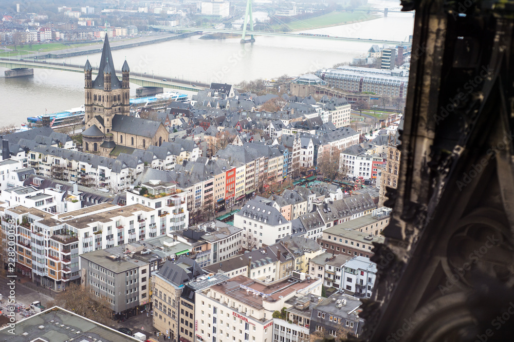 View of the Rhine and the Altstadt from the Cologne Cathedral, Germany.